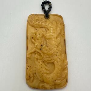 Vintage Chinese cream yellow carved dragon bone rectangular pendant